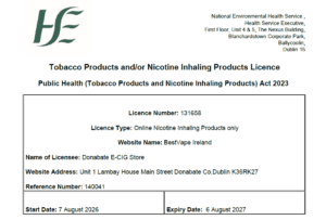 HSE Vape Website Licence