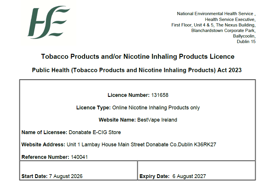 HSE Vape Website Licence